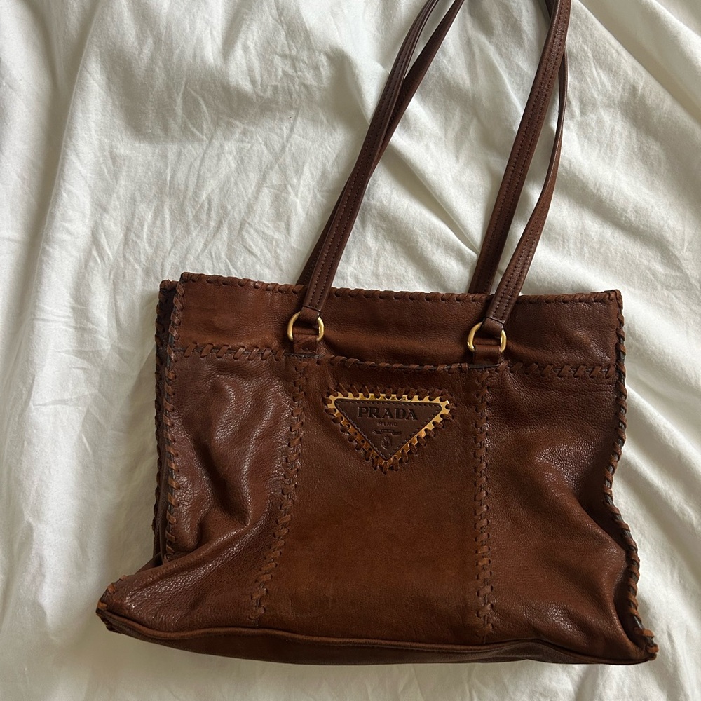 Prada Brown Leather Antic Whip Stitch Tote